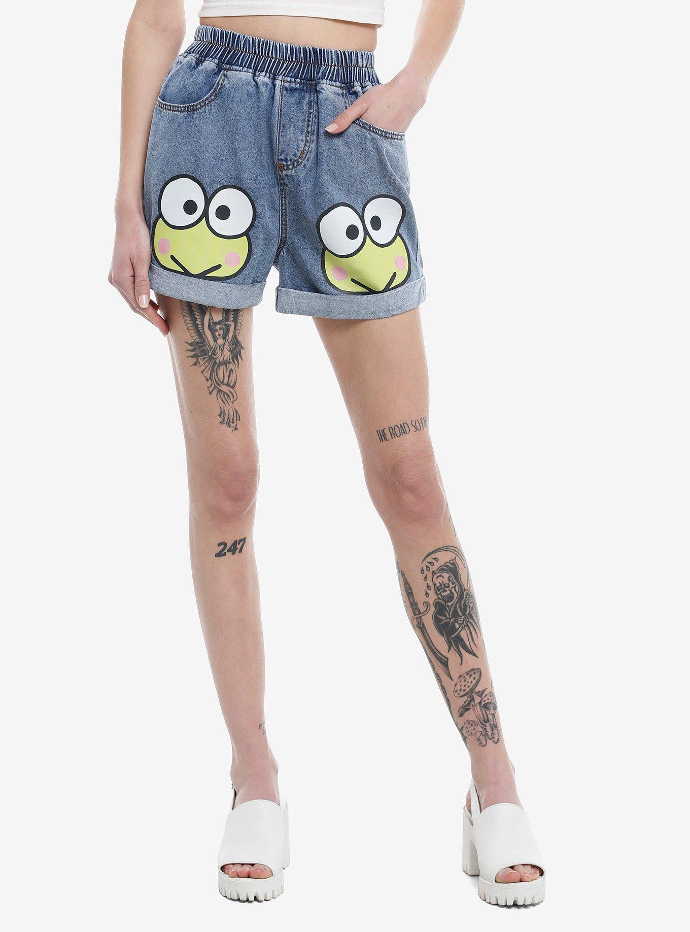 Keroppi Face Elastic High-Waisted Denim Shorts, MULTI, hi-res