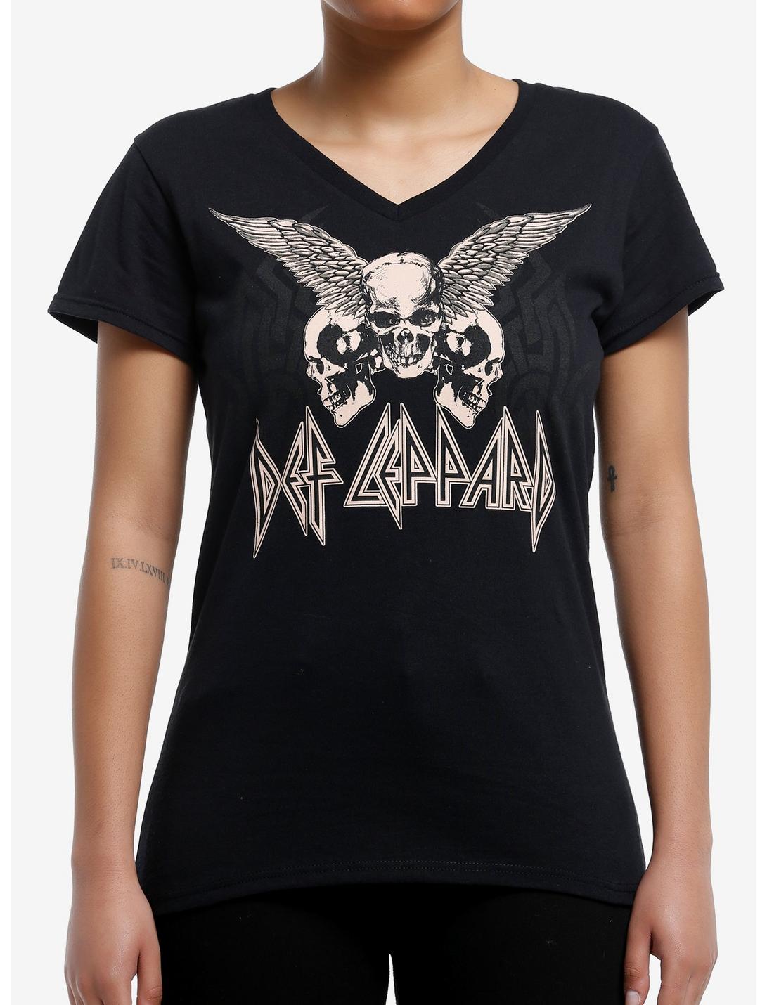 Def Leppard Winged Skulls Girls V-Neck T-Shirt, BLACK, hi-res