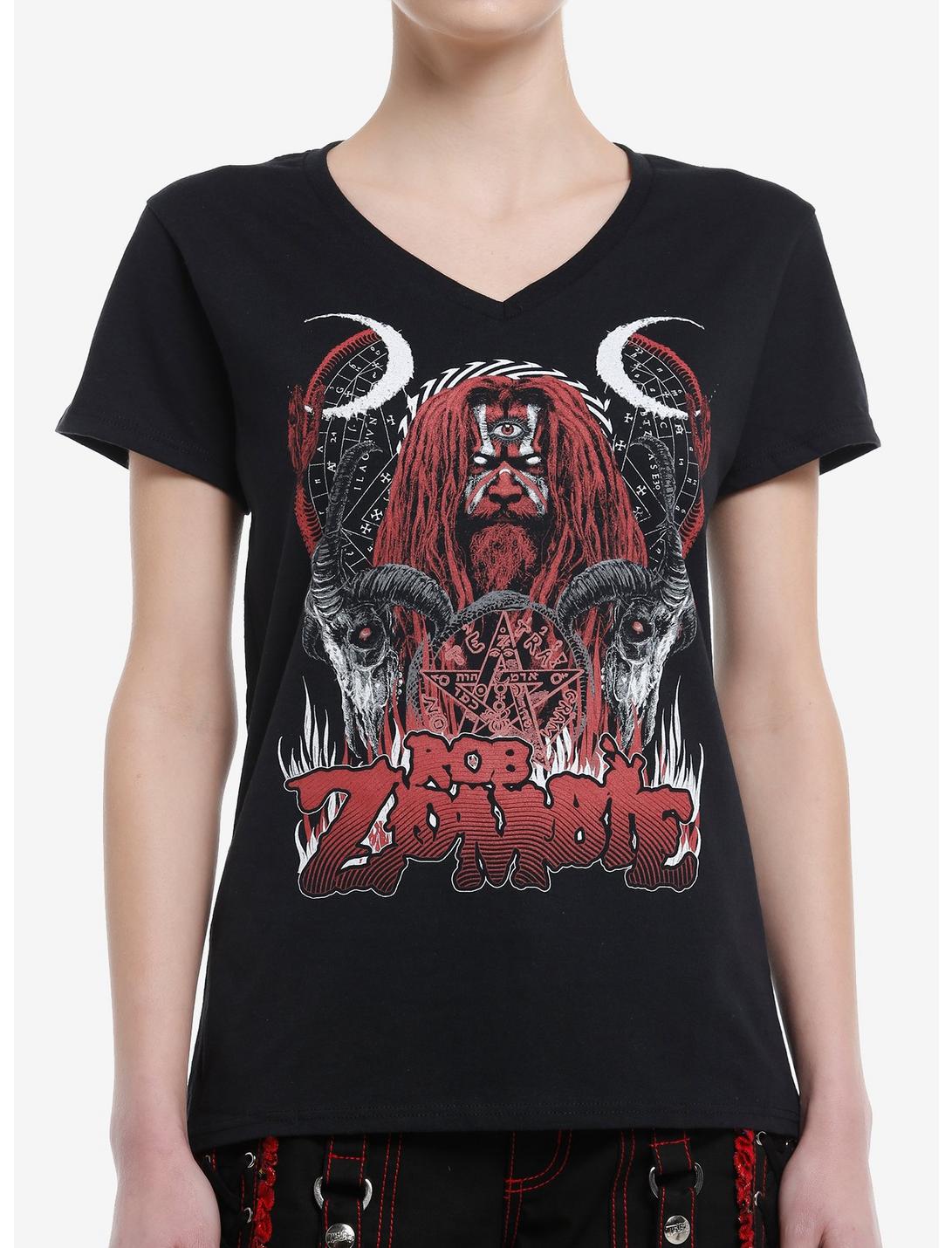 Rob Zombie Pentagram Portrait V-Neck Girls T-Shirt, BLACK, hi-res