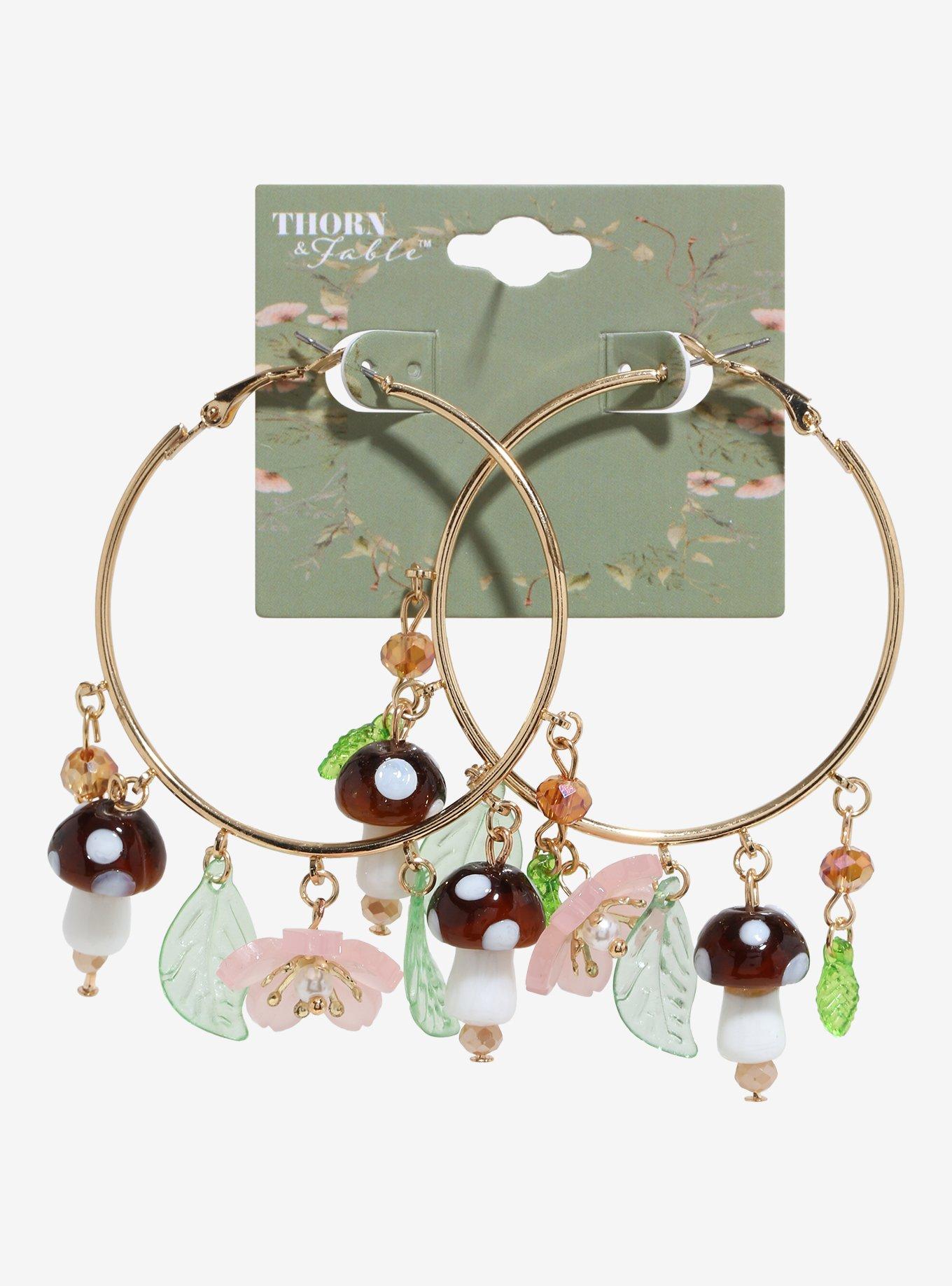 Thorn & Fable Sakura Mushroom Charm Hoop Earrings, , hi-res