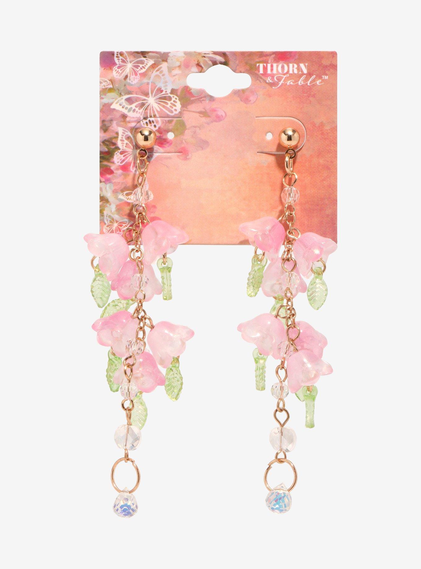 アクセサリー Floral Motif Earrings - clear Thorn & Fable Pink Flower Crystal Drop Earrings | Hot Topic