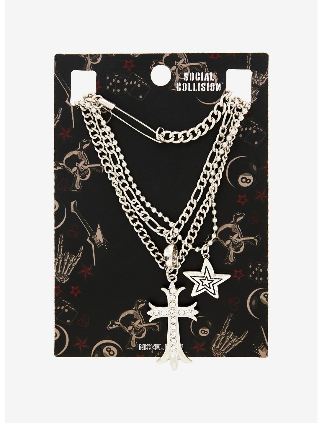 Social Collision Star Rhinestone Cross Layered Necklace, , hi-res