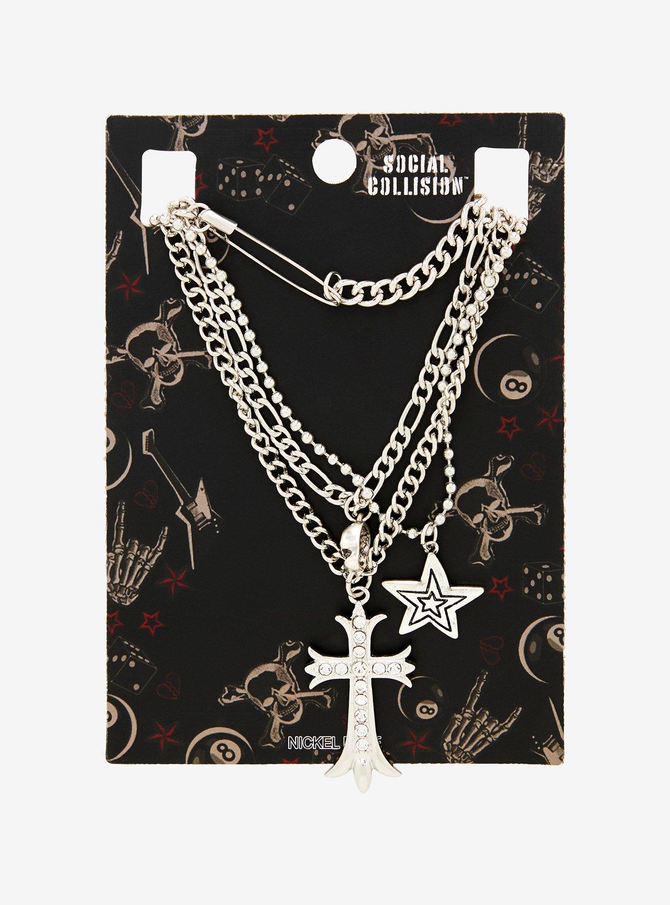 Social Collision Star Rhinestone Cross Layered Necklace, , hi-res