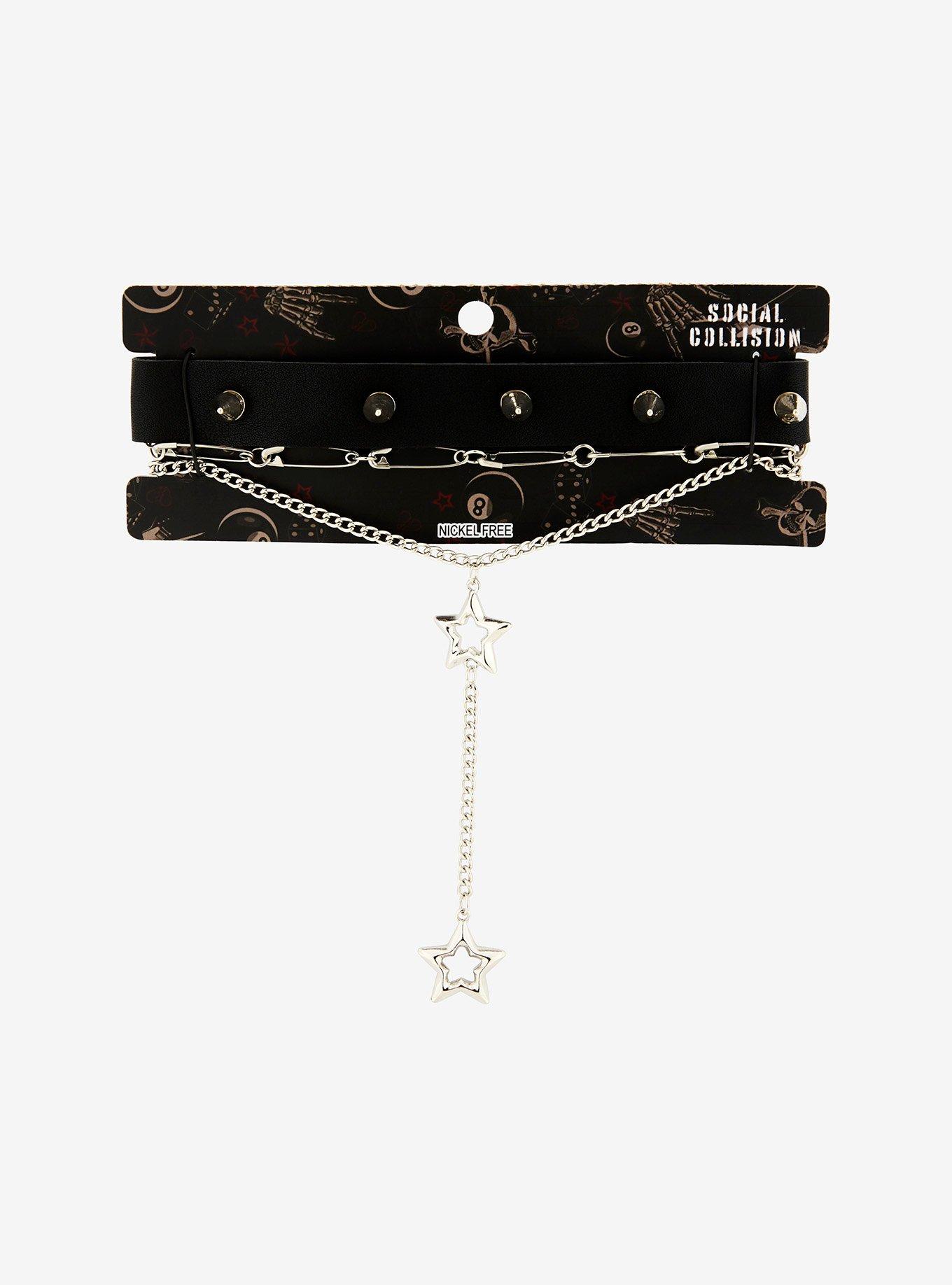 Social Collision Star Safety Pin Choker Necklace Set, , hi-res