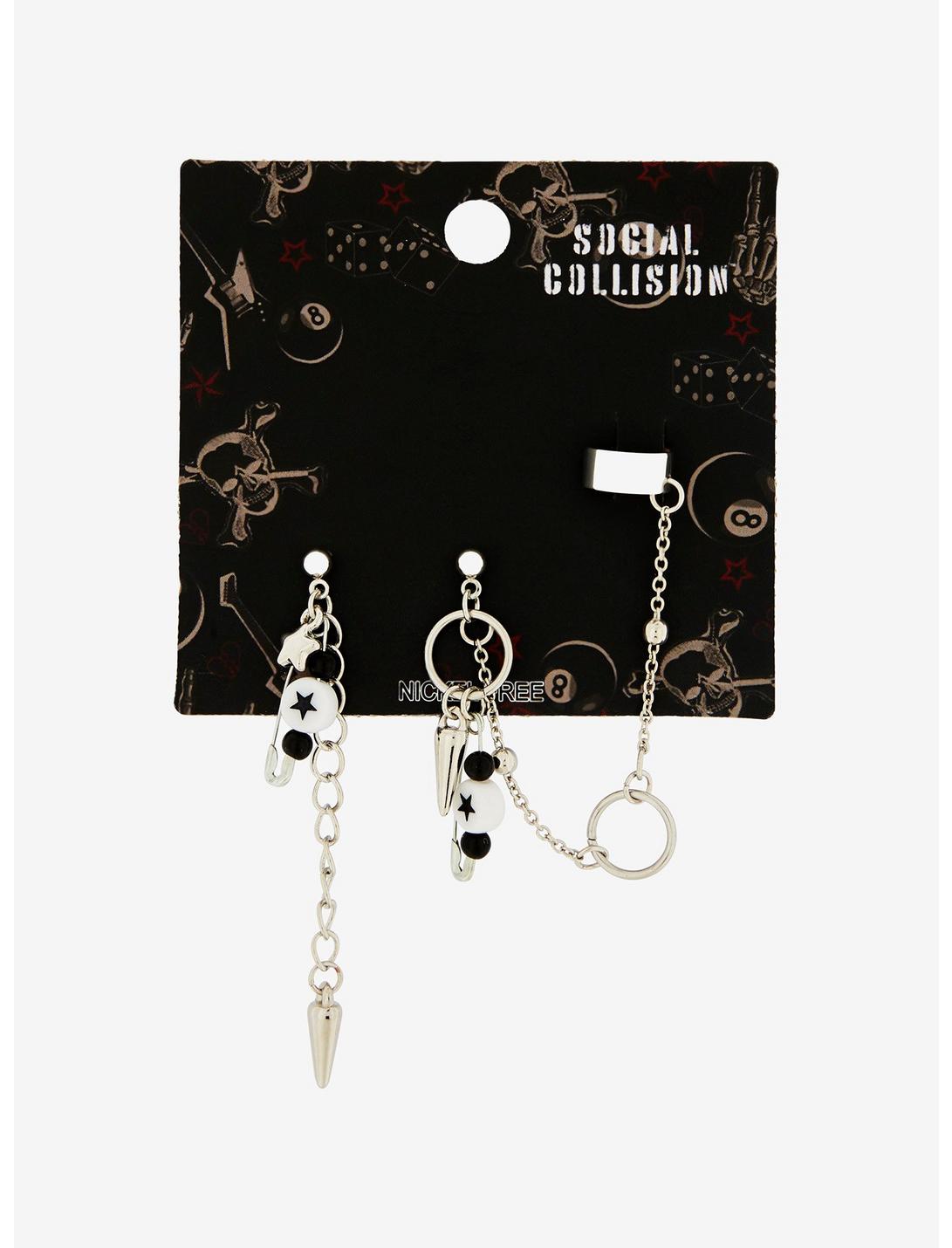 Social Collision Spike Safety Pin Hardware Mismatched Earrings, , hi-res