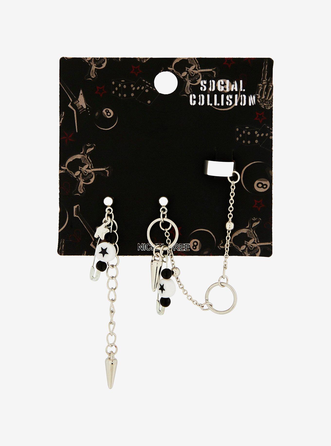 Social Collision Spike Safety Pin Hardware Mismatched Earrings, , hi-res