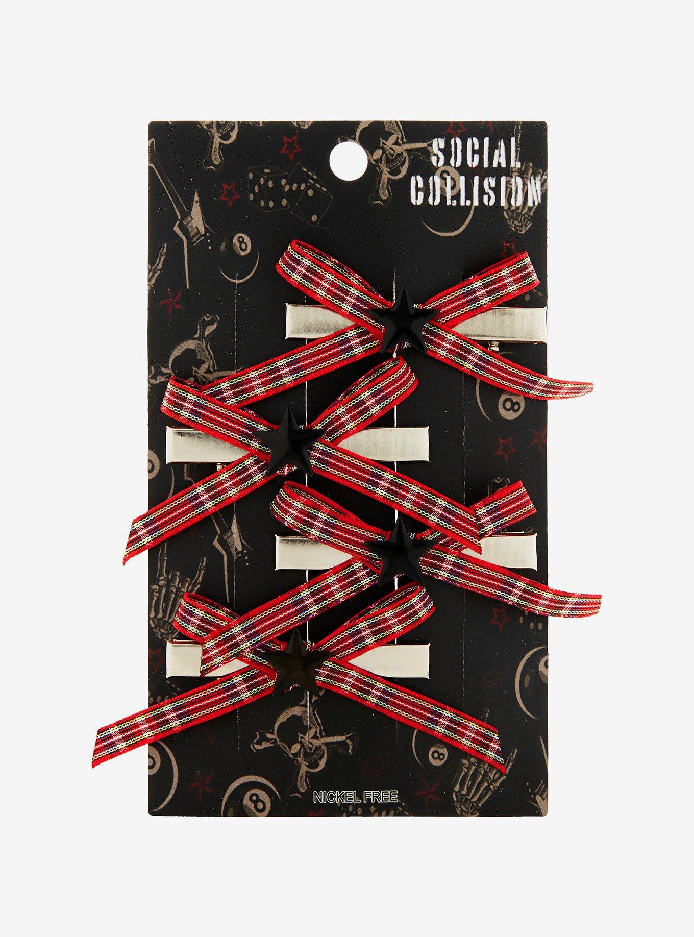 Social Collision Star Plaid Bow Hair Clip Set, , hi-res