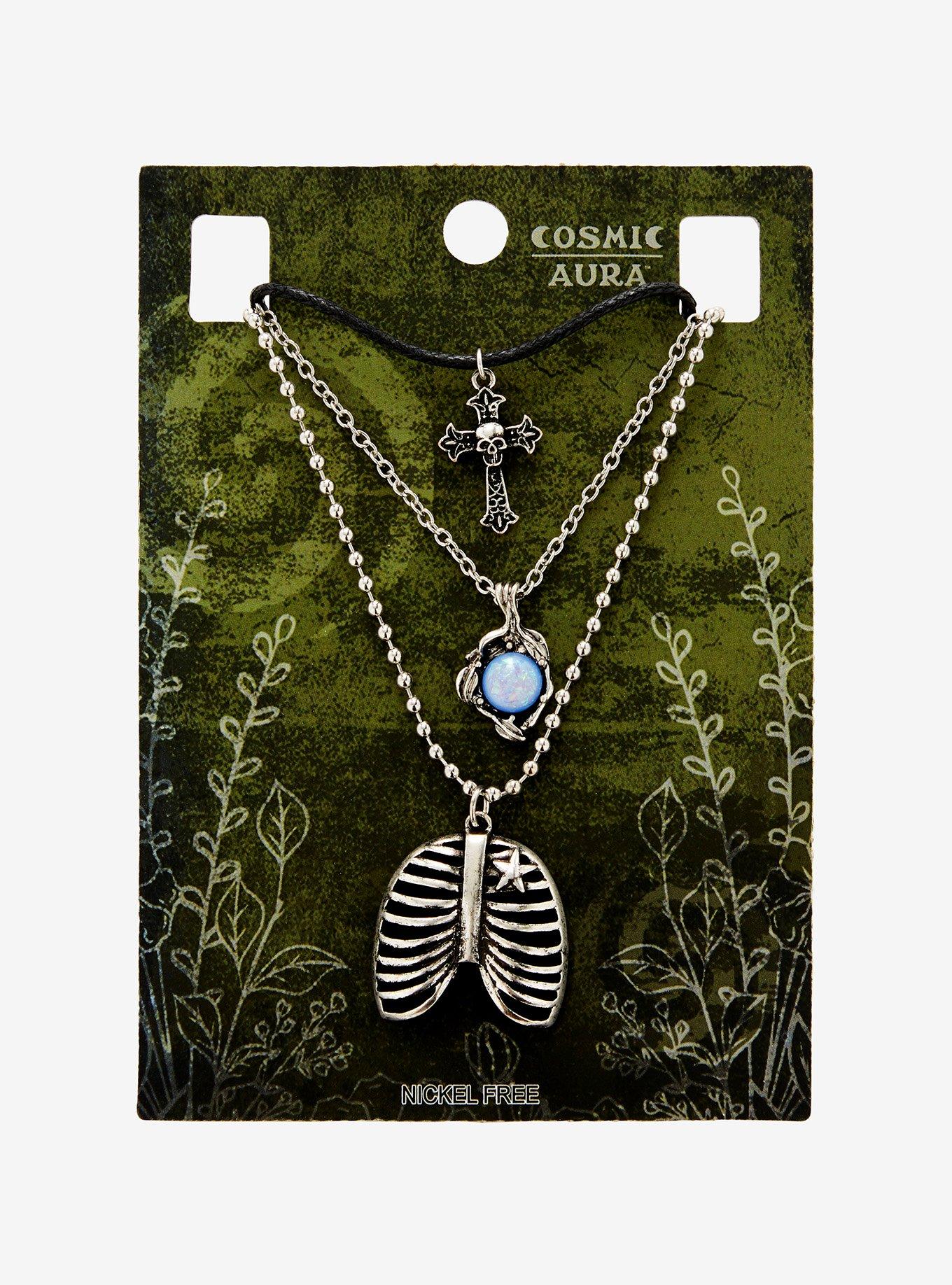 Cosmic Aura Rib Cage Skull Cross Necklace, , hi-res