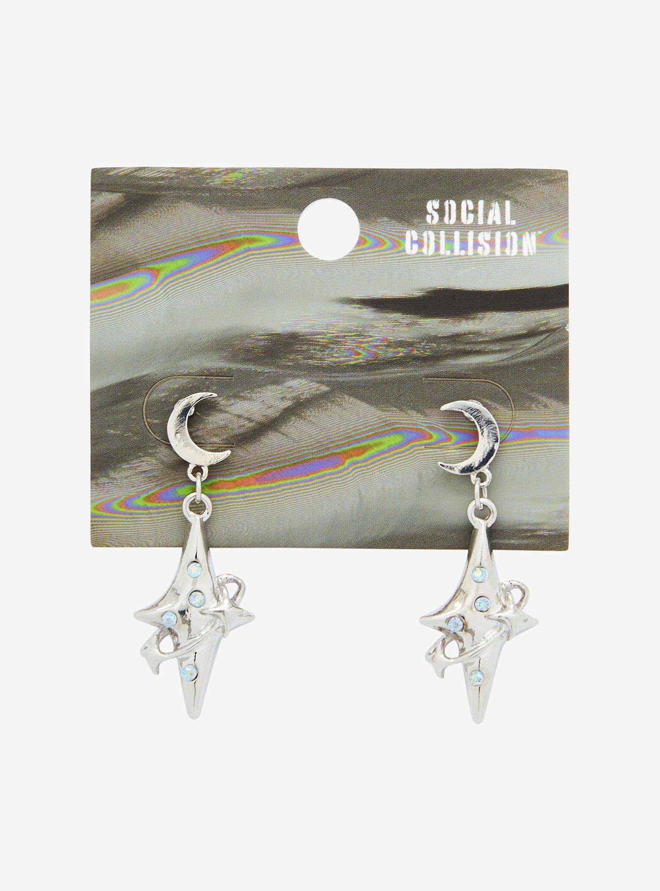 Social Collision Moon Rhinestone Star Earrings, , hi-res