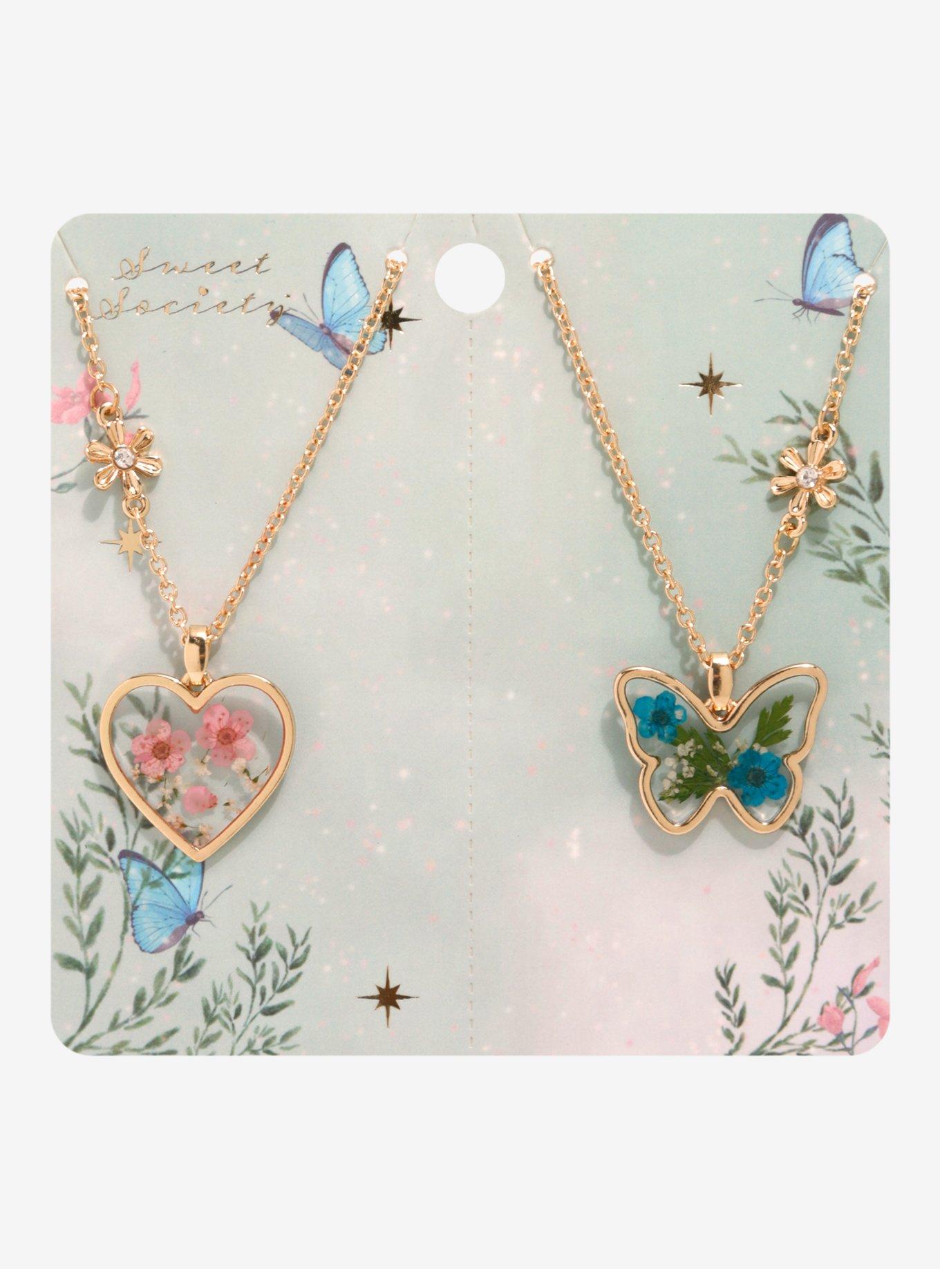 Sweet Society Heart Butterfly Floral Best Friend Necklace Set, , hi-res