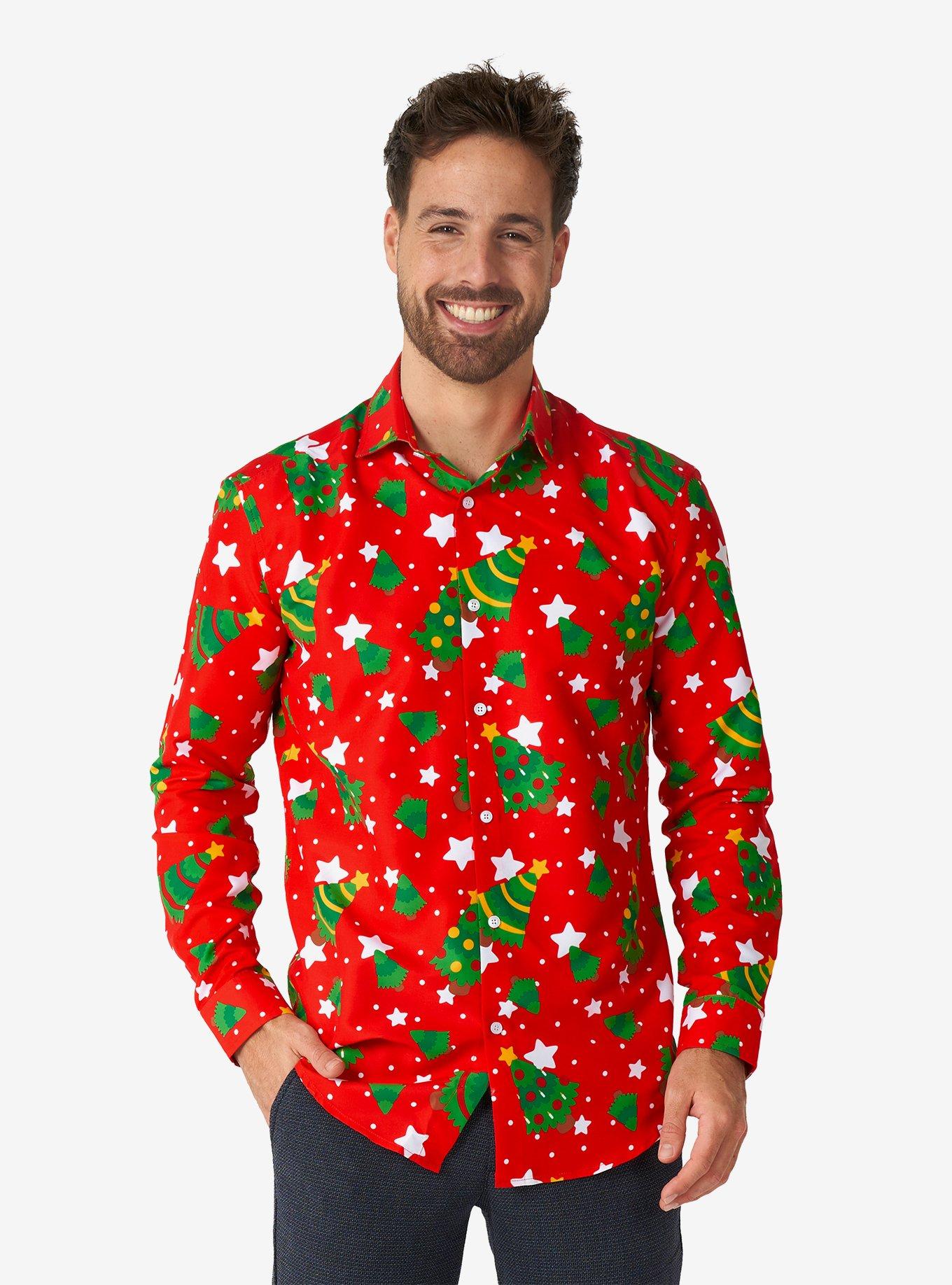 Christmas Trees Stars Red Long Sleeve Button-Up Shirt, RED, hi-res