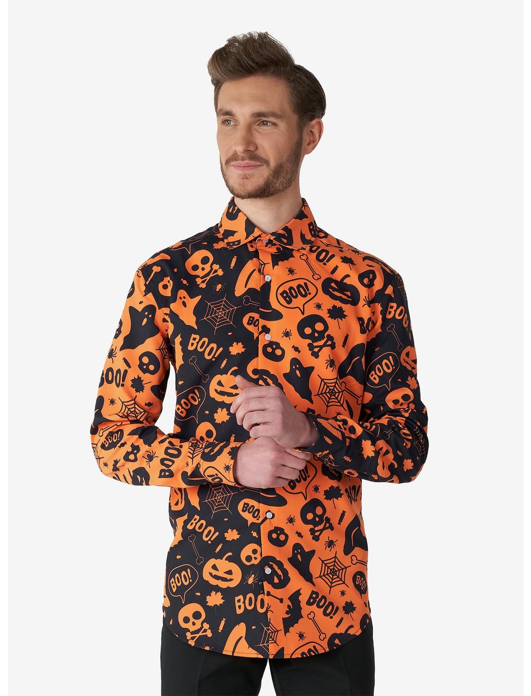 Halloween Icons Long Sleeve Button-Up Shirt, ORANGE, hi-res