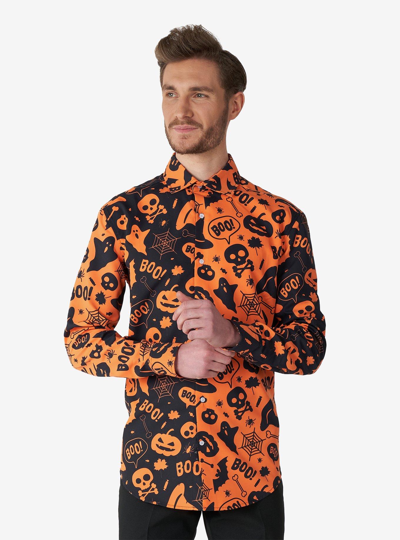 Halloween Icons Long Sleeve Button-Up Shirt, ORANGE, hi-res