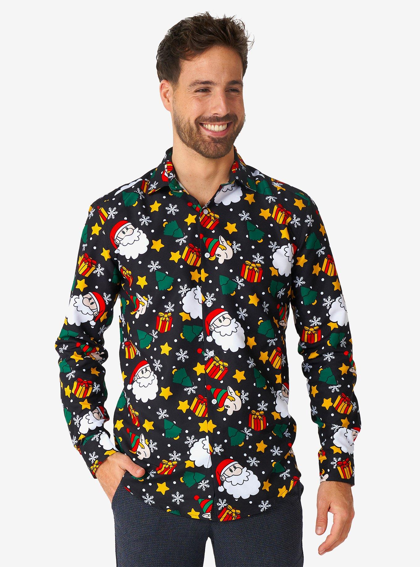 Santa Elves Black Long Sleeve Button-Up Shirt, , hi-res