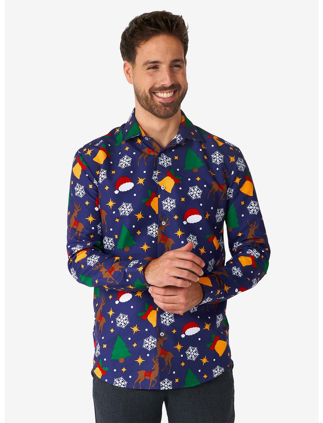 Christmas Icons Blue Long Sleeve Button-Up Shirt, BLUE, hi-res
