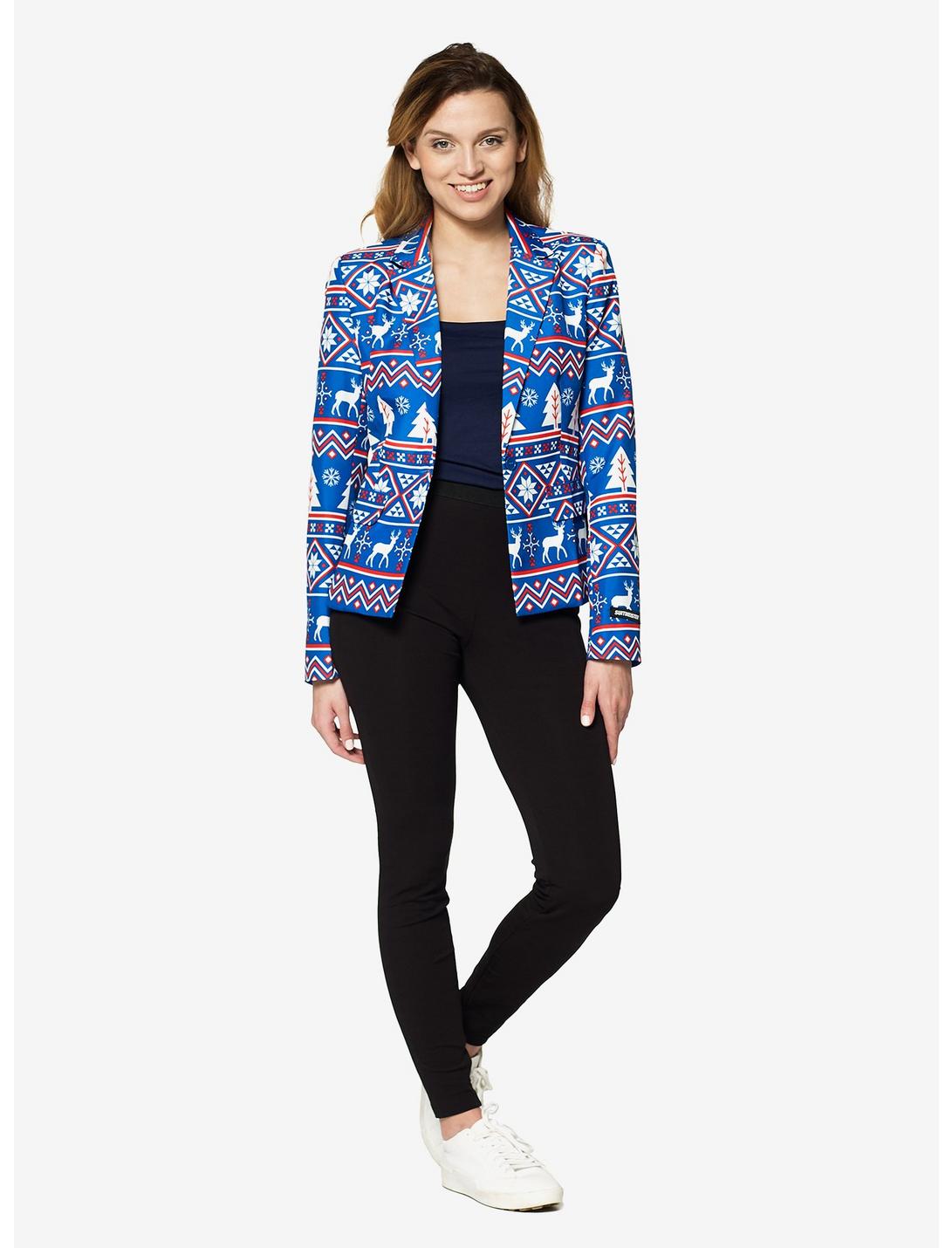 Christmas Blue Nordic Jacket Women's Blazer, BLUE, hi-res