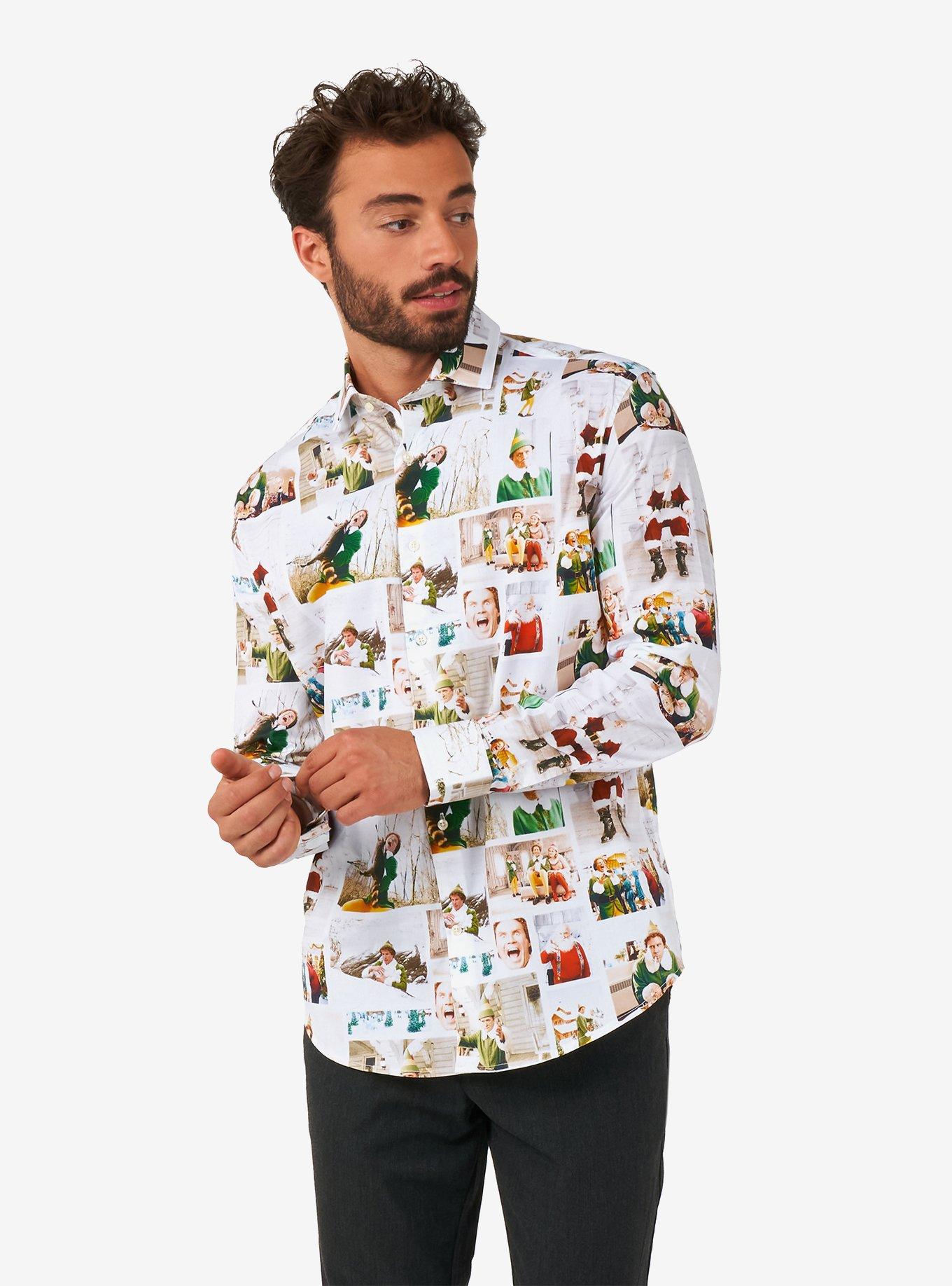 Elf Christmas Long Sleeve Button-Up Shirt, GREEN, hi-res