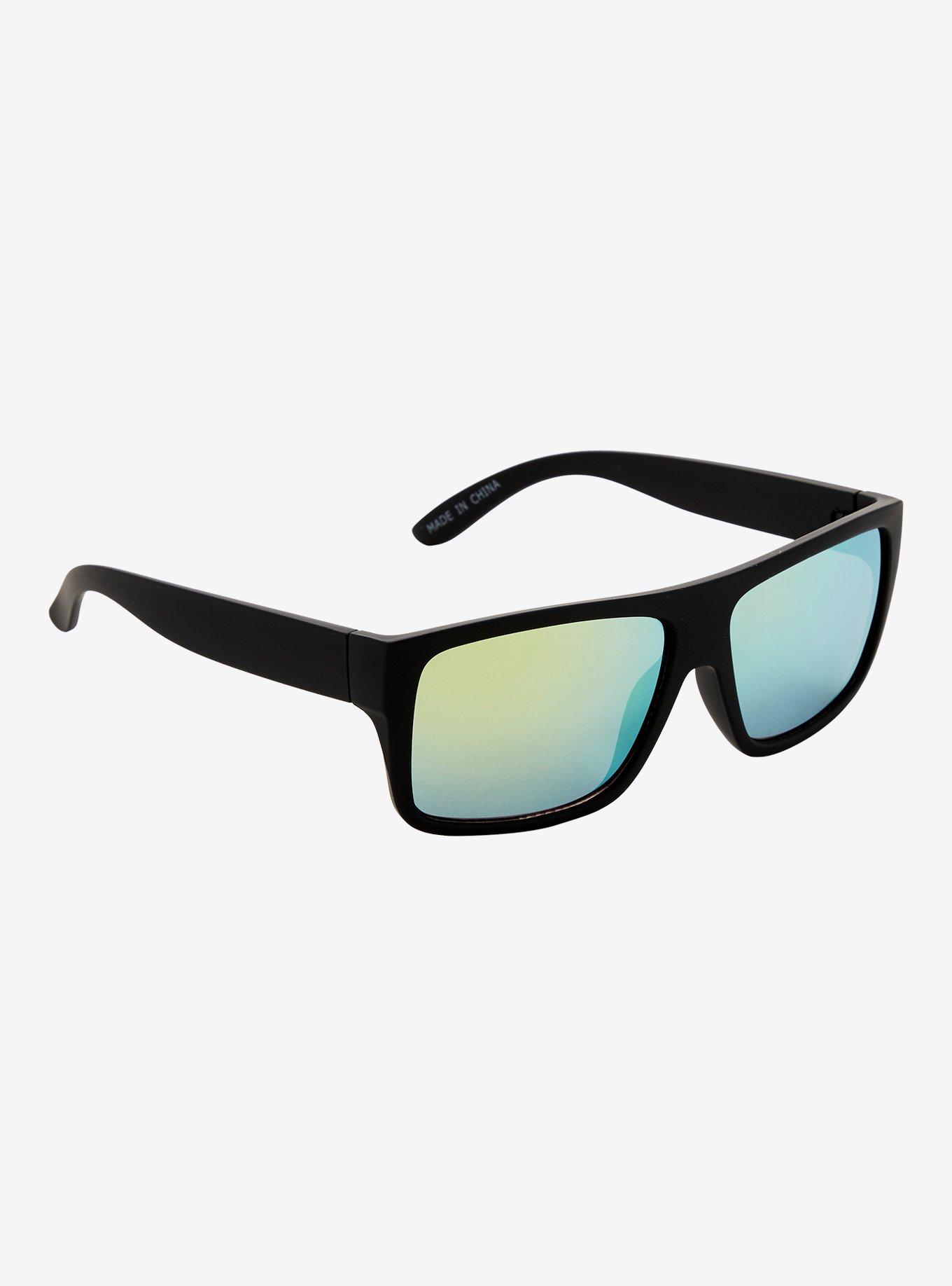 Black Rectangular Reflective Sunglasses, , hi-res