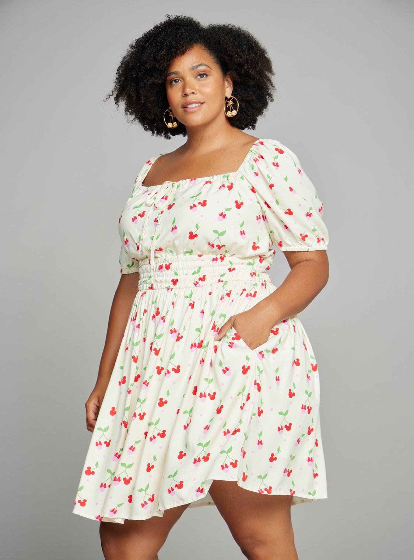 Disney Mickey & Minnie Cherry Allover Print Plus Size Dress — BoxLunch Exclusive, NATURAL, hi-res