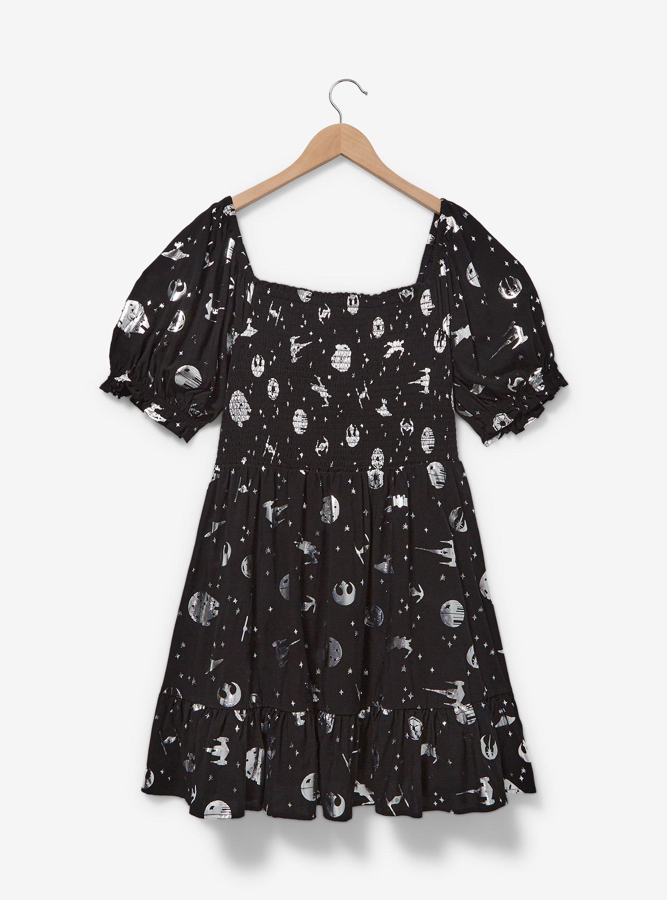 Her Universe Star Wars Silver Icons Allover Print Plus Size Smock Dress - BoxLunch Exclusive, BLACK, hi-res