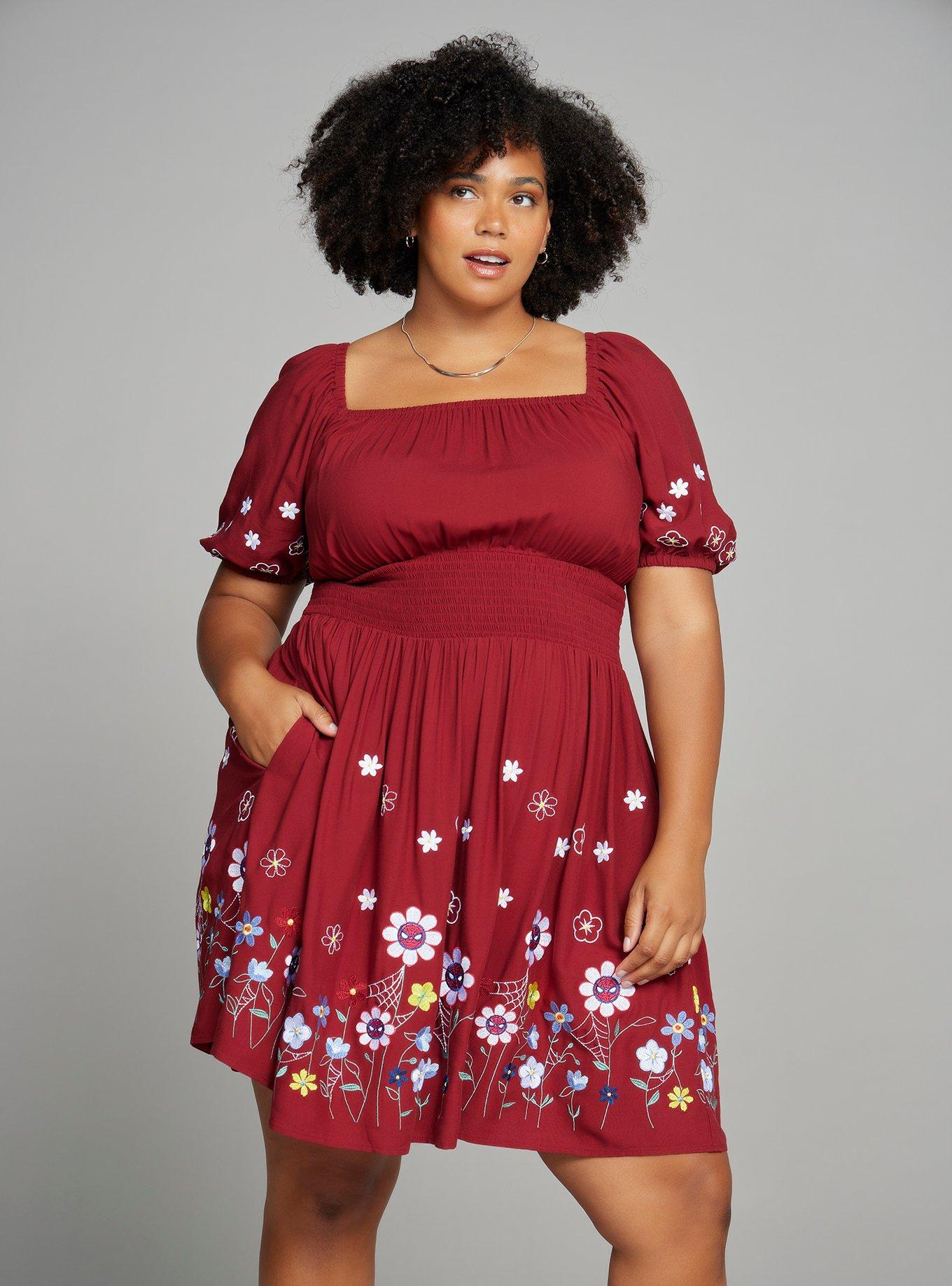 Marvel Spider-Man Floral Plus Size Smock Dress - BoxLunch Exclusive, BURGUNDY, hi-res