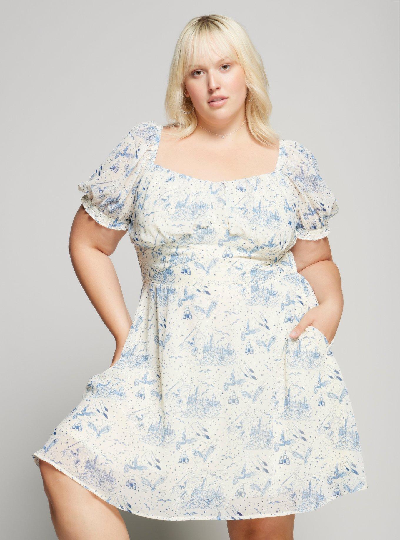 Harry Potter Hogwarts Owl Allover Print Plus Size Dress &mdash; BoxLunch Exclusive, NATURAL, hi-res