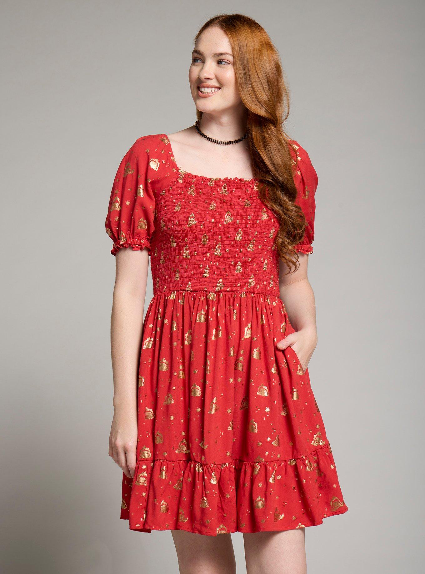 Studio Ghibli Howl's Moving Castle Calcifer & Stars Allover Print Smock Dress - BoxLunch Exclusive, RED, hi-res