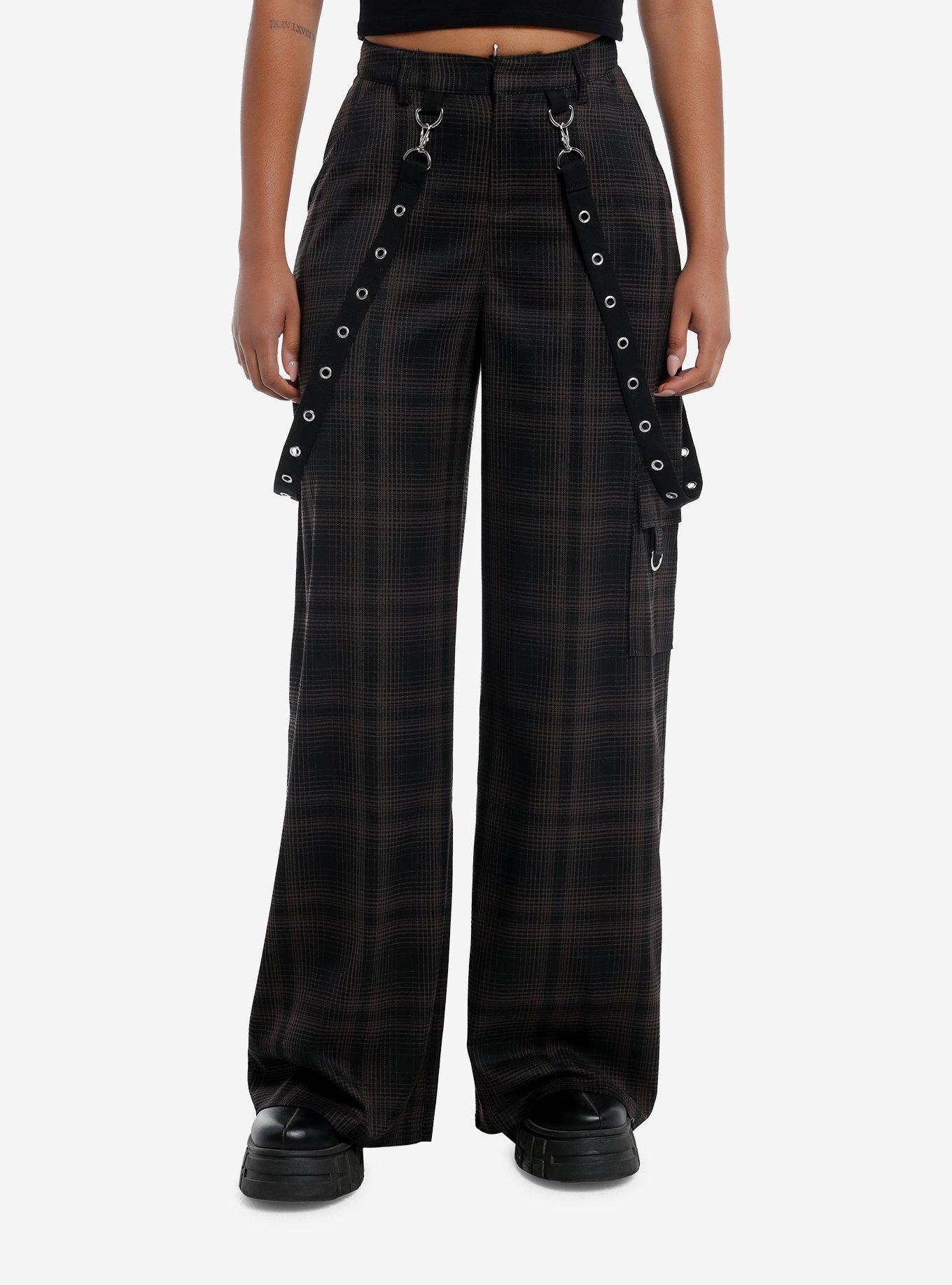 Black & Brown Plaid Grommet Suspender Wide Leg Pants, , hi-res
