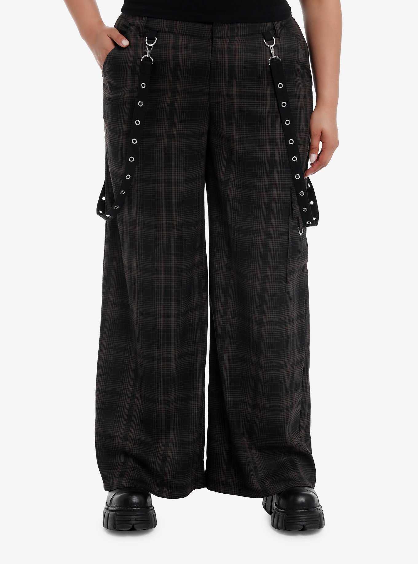 Black & Brown Plaid Grommet Suspender Wide Leg Pants Plus Size, , hi-res