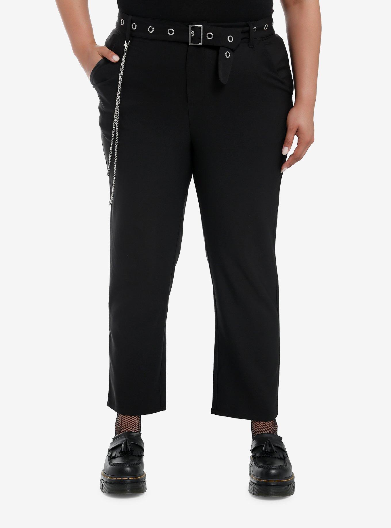 Black Side Chain Grommet Belt Slim Pants Plus Size, , hi-res