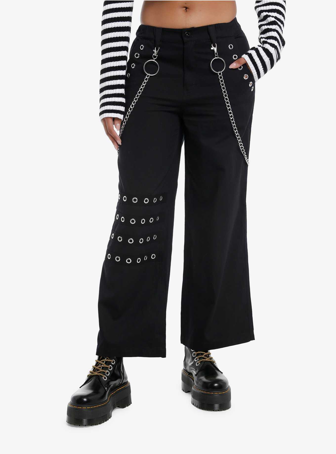 Black Grommet Side Chain Skater Pants, , hi-res