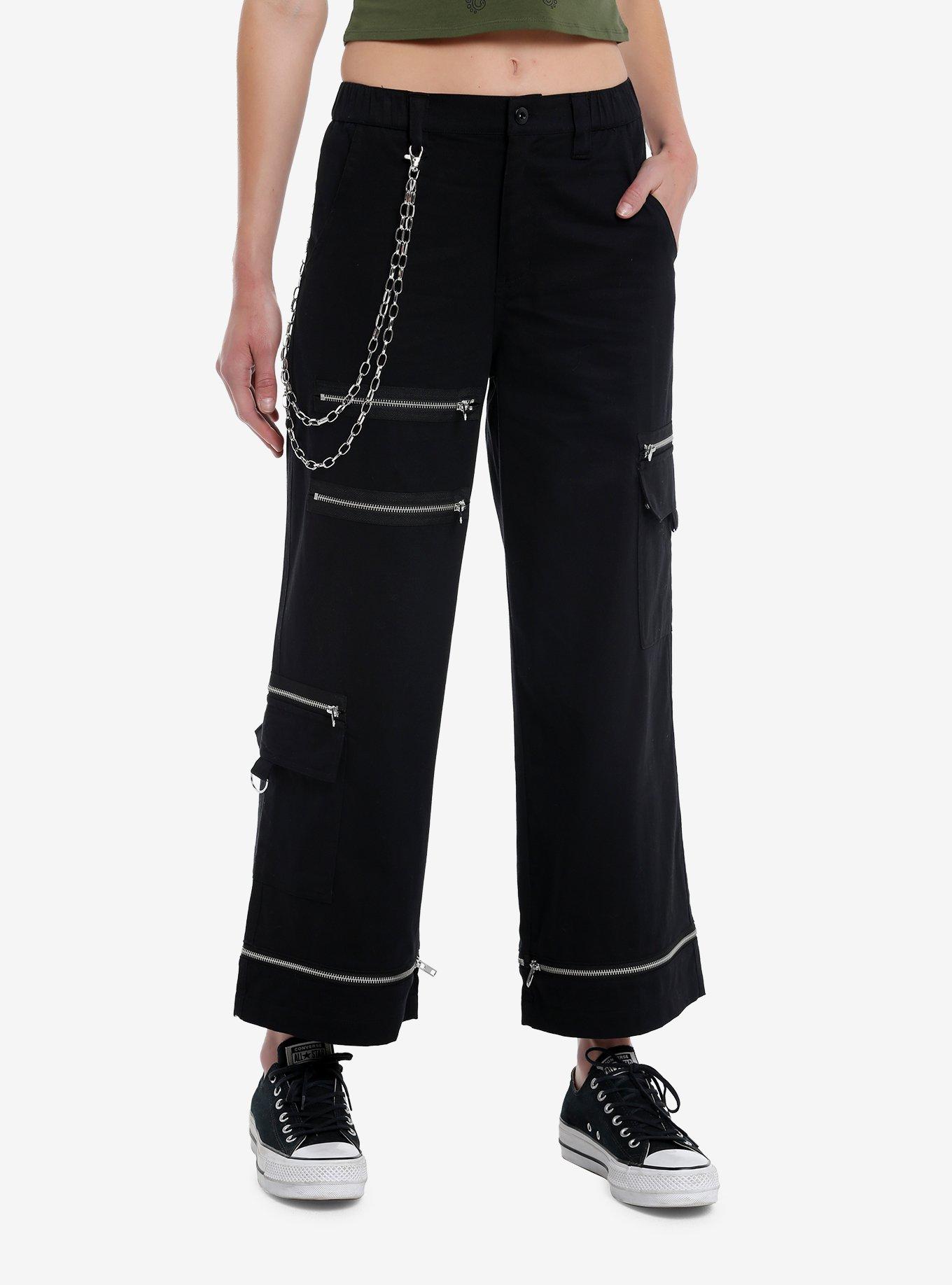 Black Zipper Side Chain Cargo Skater Pants, SILVER, hi-res