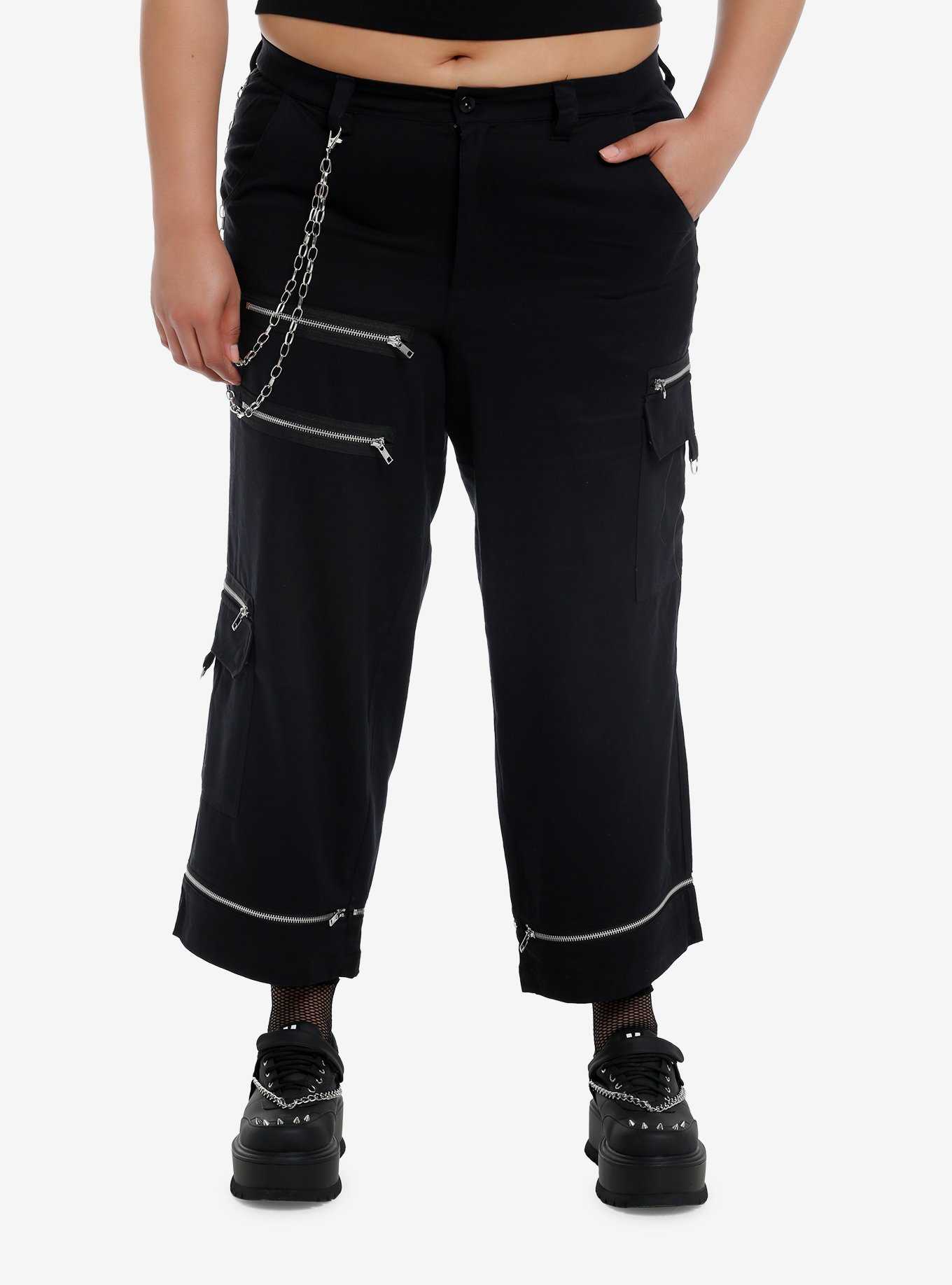 Black Zipper Side Chain Cargo Skater Pants Plus Size, , hi-res