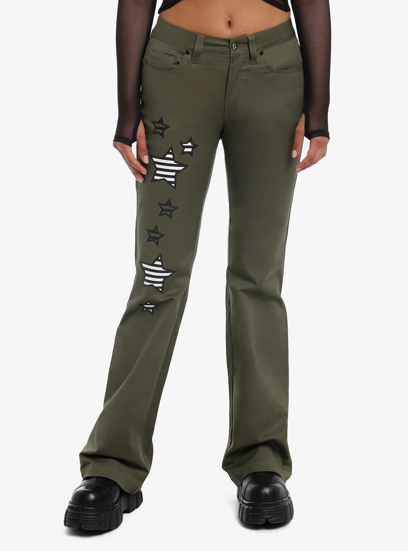 Olive Striped Star Low-Rise Flare Pants, , hi-res