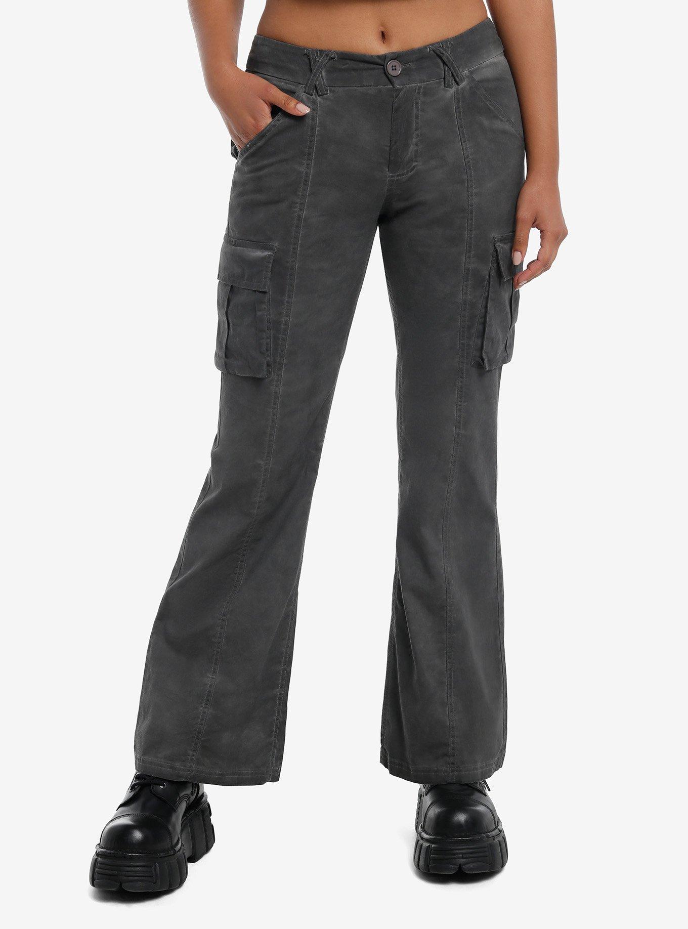 Grey Cargo Low-Rise Flare Pants, GREY, hi-res