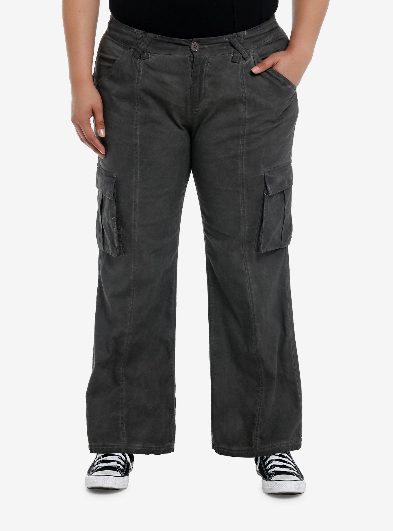 Grey Cargo Low-Rise Flare Pants Plus Size, , hi-res