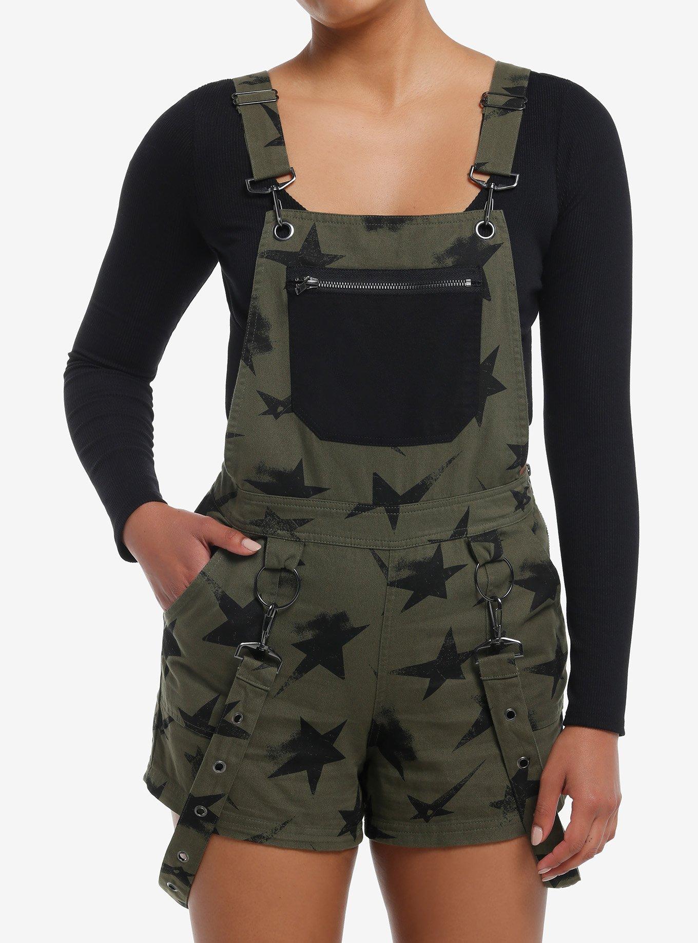 Social Collision Olive & Black Star Suspender Shortalls, GREEN, hi-res