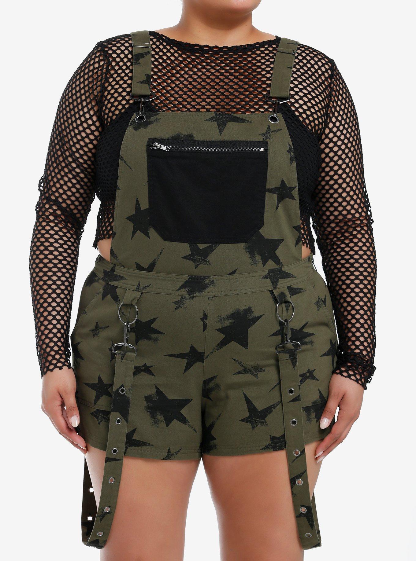 Social Collision Olive Black Star Suspender Shortalls Plus Size
