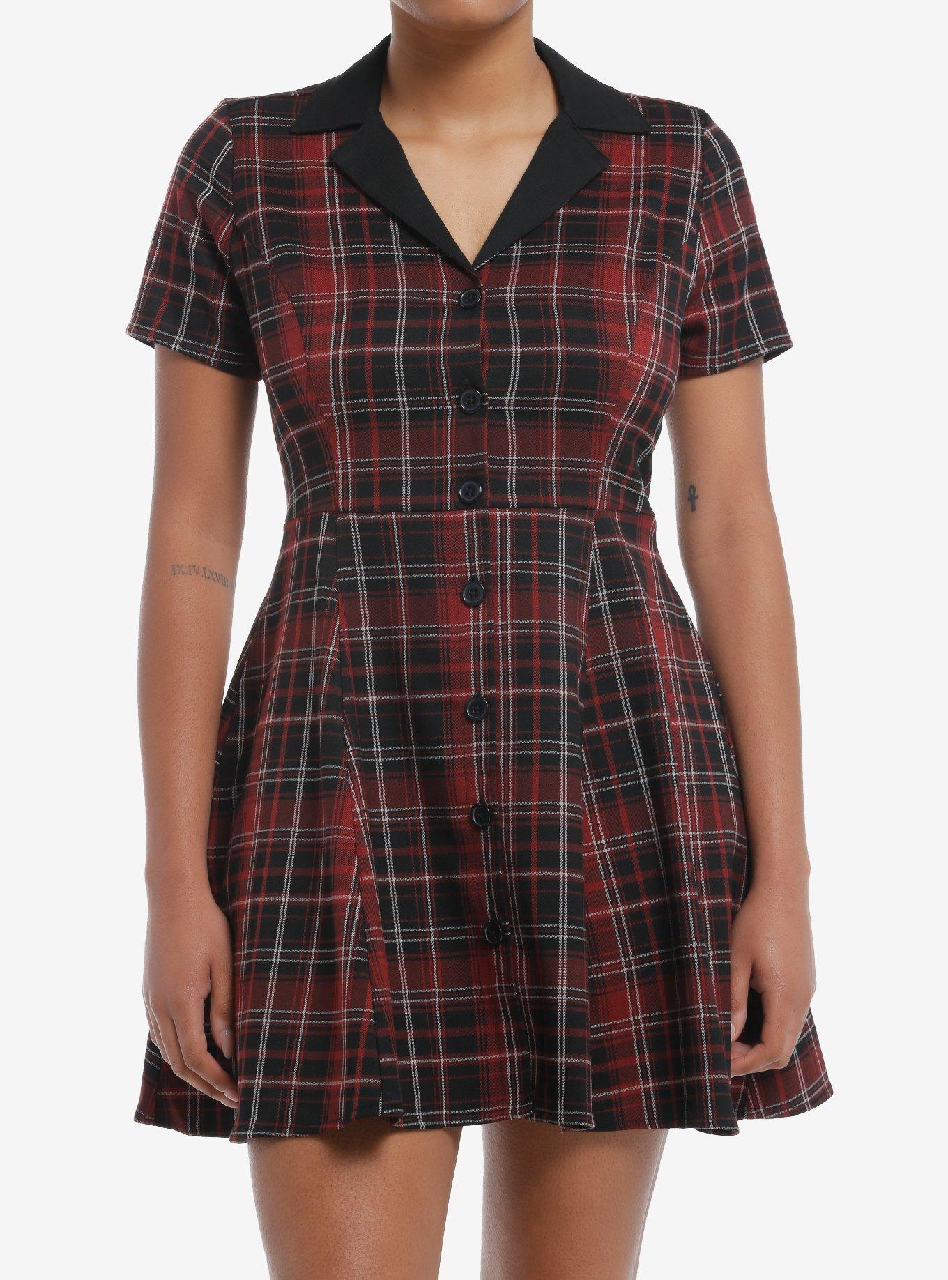 Social Collision Black & Red Plaid Collar Dress, , hi-res