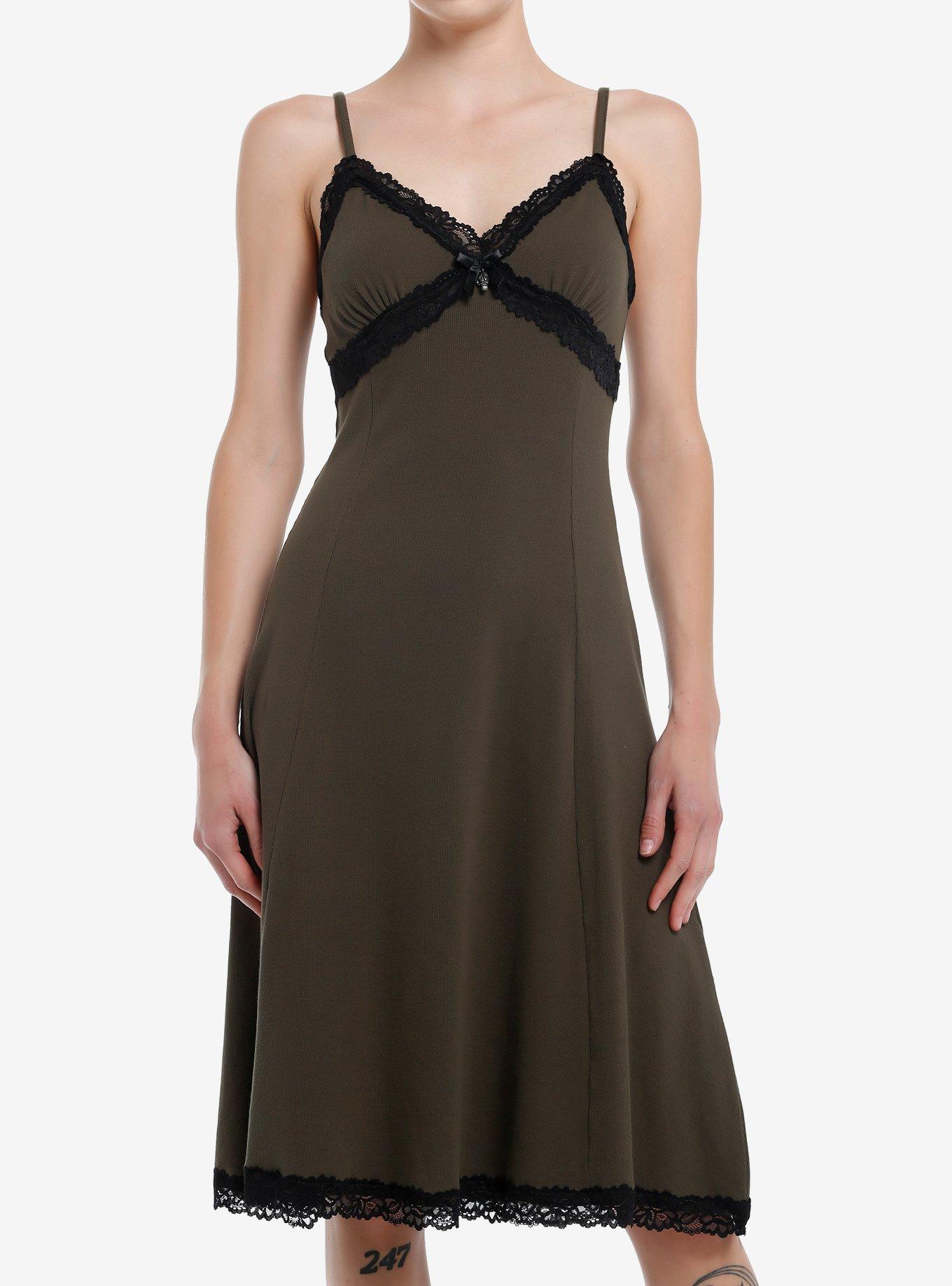 Olive Black Lace Skull Pendant Cami Midi Dress, , hi-res