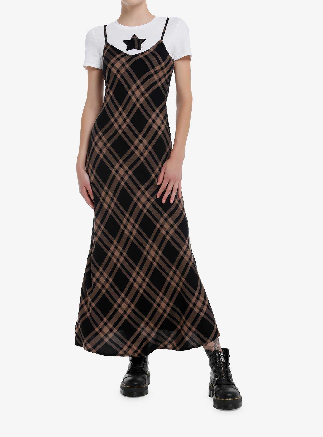 Brown & Black Plaid Star Twofer Maxi Dress, , hi-res
