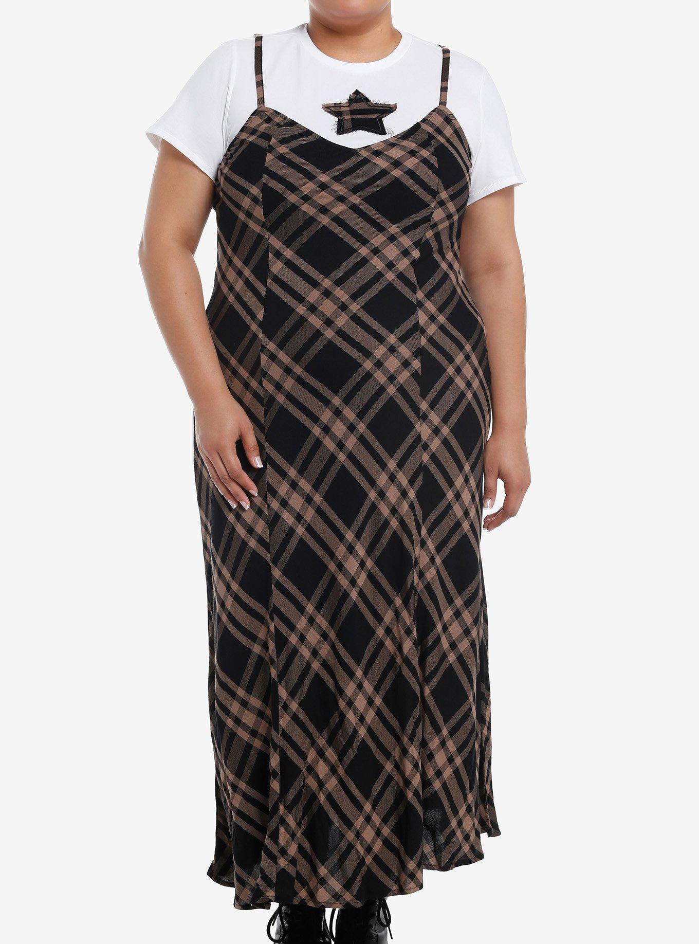 Brown & Black Plaid Star Twofer Maxi Dress Plus Size, , hi-res