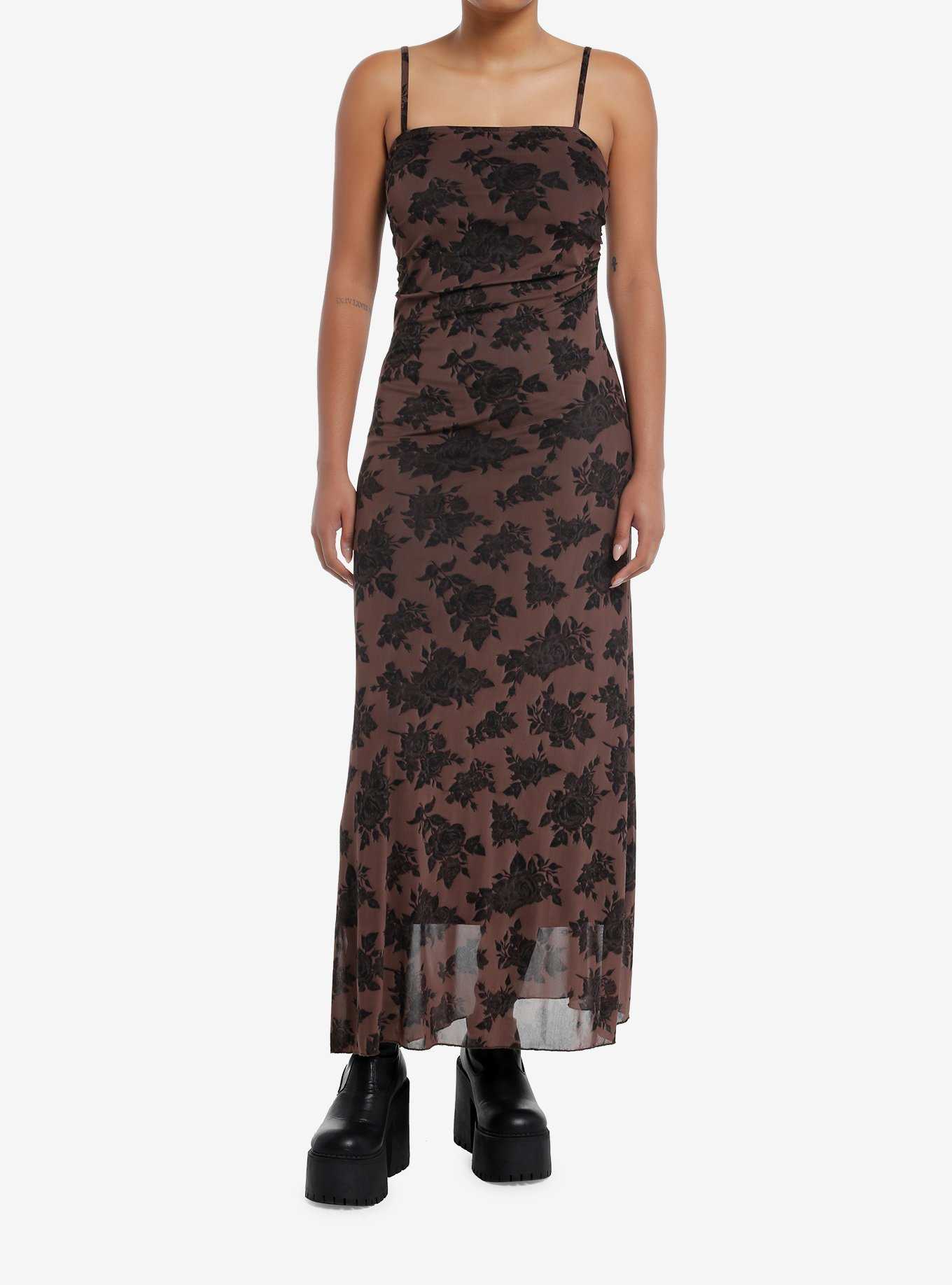Thorn & Fable Brown Rose Ruched Mesh Midaxi Dress, , hi-res