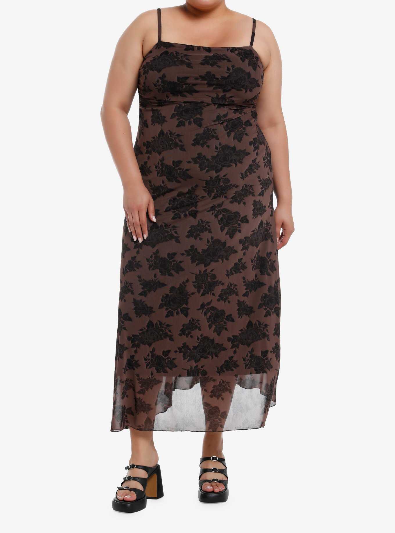 Thorn & Fable Brown Rose Ruched Mesh Midaxi Dress Plus Size, , hi-res