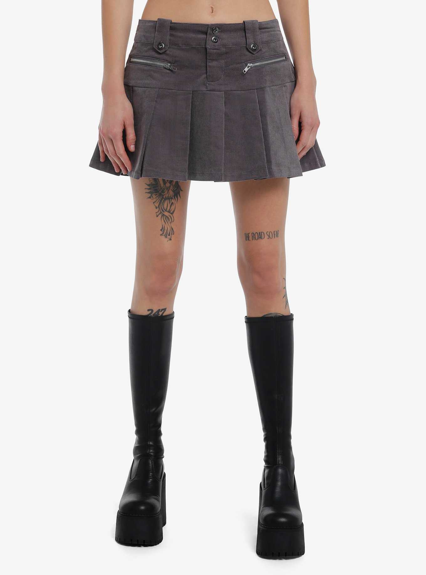 Dark Grey Corduroy Low Rise Pleated Skirt, , hi-res