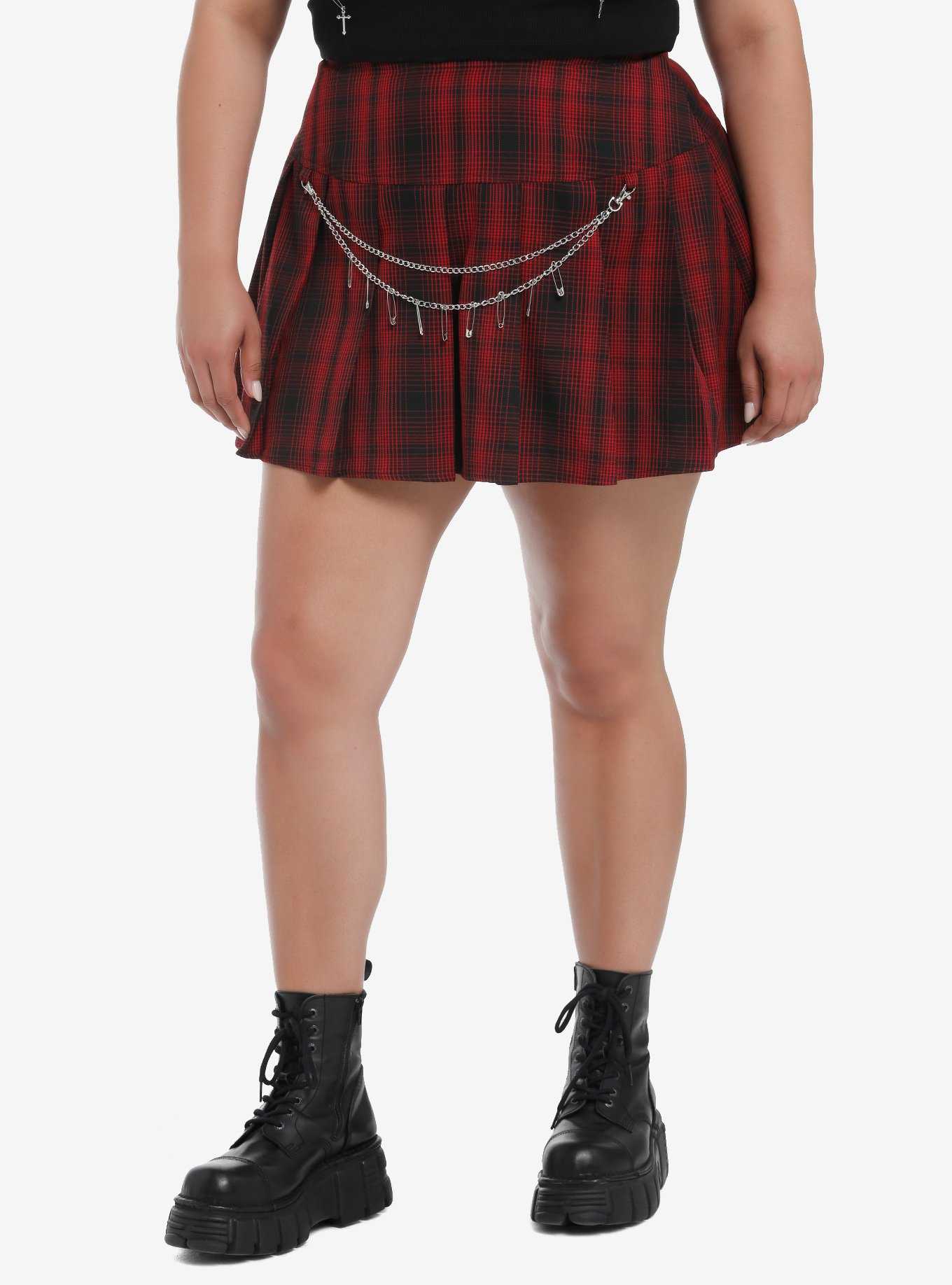 Social Collision Red Plaid Chain Safety Pin Skirt Plus Size, , hi-res