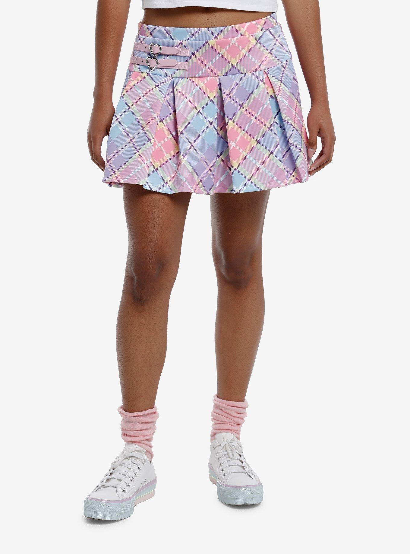 Sweet Society Pastel Plaid Heart Buckle Pleated Skirt, PURPLE, hi-res