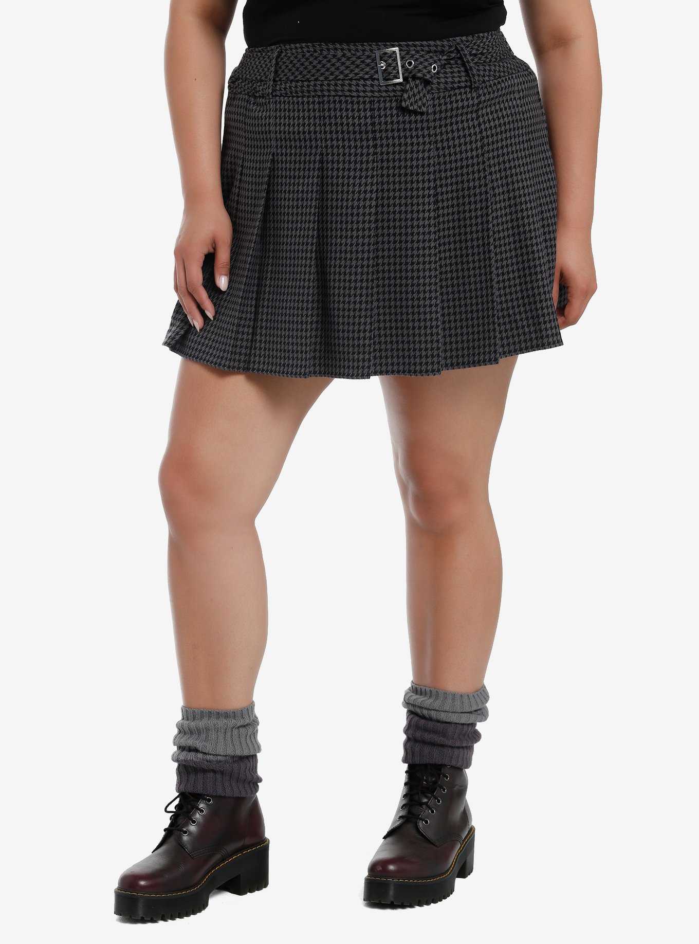 Social Collision Black & Grey Houndstooth Pleated Skirt Plus Size, , hi-res