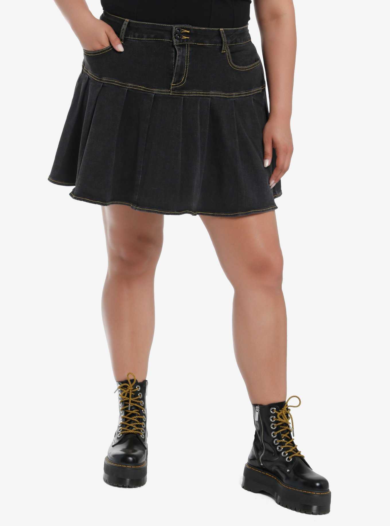 Social Collision Dark Indigo Pleated Denim Skirt Plus Size, , hi-res