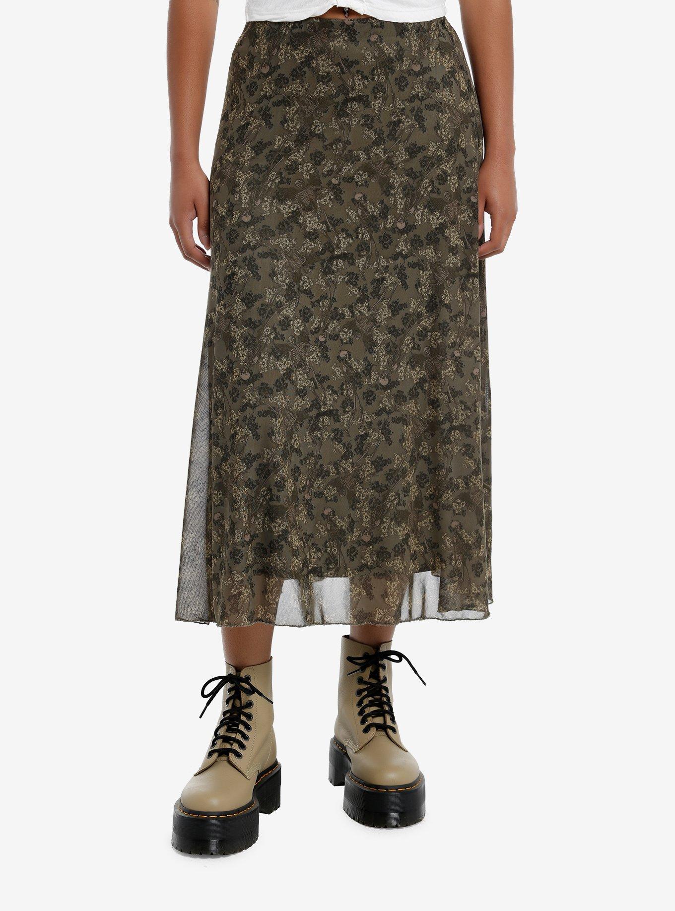 Social Collision Skeleton Flowers Green Mesh Midi Skirt, , hi-res